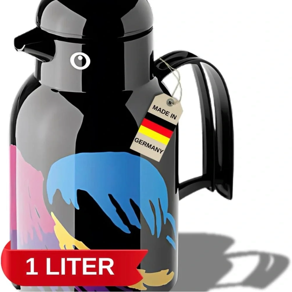 Helios Thermo-Bird Penguin Vacuum Jug 1L Black Colorful Design Made in Germany